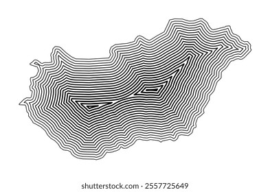 Abstract map of Hungary showing the country border buffered inside with black tapering lines