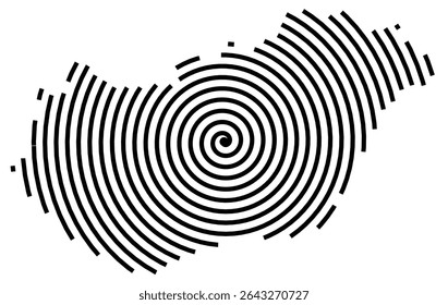 Abstract map of Hungary showing the country with a black spiral line