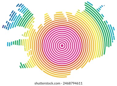 Abstract map of Iceland showing the area ot the country with concentric rings in rainbow colors like a shooting target.