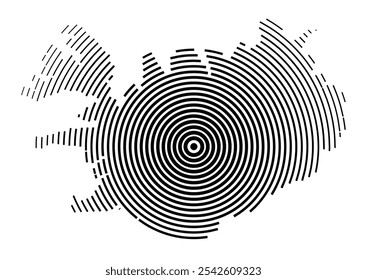 Abstract map of Iceland showing the country with concentric black tapering lines