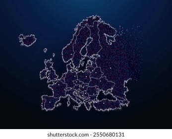 Ilustração do mapa abstrato da Europa continental feita de pontos vermelhos, azuis e brancos. Fronteiras administrativas do continente europeu feitas de partículas vetoras