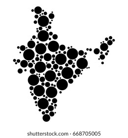 abstract map of india filled with black circles of different diameters isolated on a white background