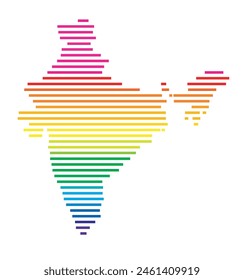 Abstract map of India showing the area of the country with horizontal parallel lines in rainbow colors