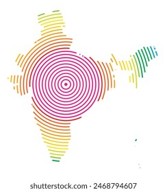 Abstract map of India showing the area ot the country with concentric rings in rainbow colors like a shooting target.