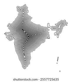 Abstract map of India showing the country border buffered inside with black tapering lines