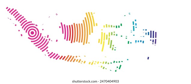 Abstrakte indonesische Landkarte, die das Gebiet des Landes mit konzentrischen Regenbogenfarben wie ein Schießziel zeigt.