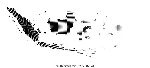 Abstract map of Indonesia showing the country with concentric black tapering lines
