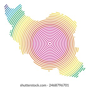 Abstract map of Iran showing the area ot the country with concentric rings in rainbow colors like a shooting target.