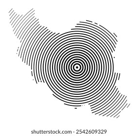 Abstract map of Iran showing the country with concentric black tapering lines