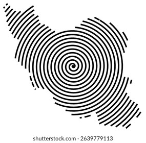 Abstract map of Iran showing the country with a black spiral line