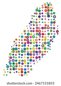 Abstract map of Isle of Man drawn with overlapping colored circles like sweets or candies