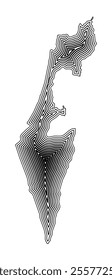 Abstract map of Israel showing the country border buffered inside with black tapering lines
