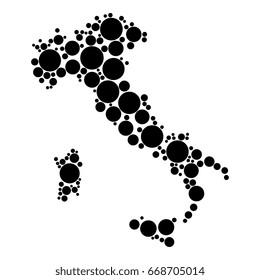 abstract map of italy filled with black circles of different diameters isolated on a white background