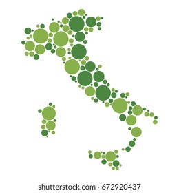 abstract map of italy filled with two-colors circles of different sizes isolated on white background