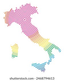 Abstrakte Landkarte Italiens, die die Gegend des Landes mit konzentrischen Regenbogenfarben wie ein Schießziel zeigt.