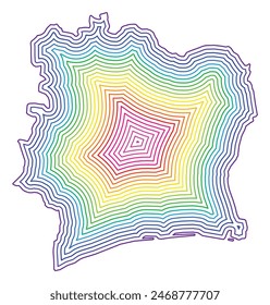 Abstract map of Ivory Coast showing the country with concentric rings in rainbow colors.