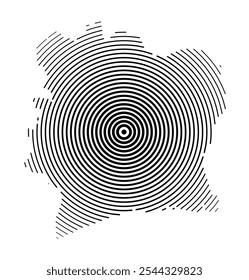 Abstract map of Ivory Coast showing the country with concentric black tapering lines