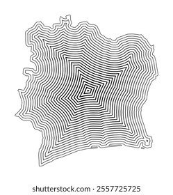 Abstract map of Ivory Coast showing the country border buffered inside with black tapering lines