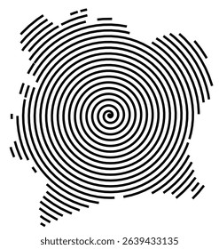 Abstract map of Ivory Coast showing the country with a black spiral line