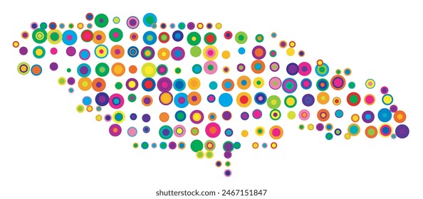 Abstract map of Jamaica drawn with overlapping colored circles like sweets or candies