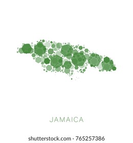 abstract map of jamaica filled with mosaic of hexagons of different sizes and degrees of transparency