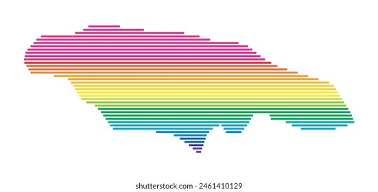 Abstract map of Jamaica showing the area of the country with horizontal parallel lines in rainbow colors