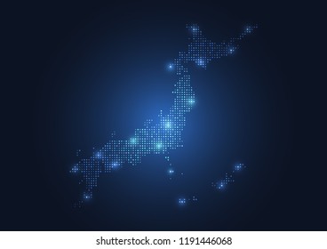 Abstract map of the Japan created from dots pixels art style. Technology and communication network map concept. Vector illustration