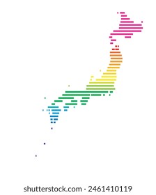 Abstract map of Japan showing the area of the country with horizontal parallel lines in rainbow colors