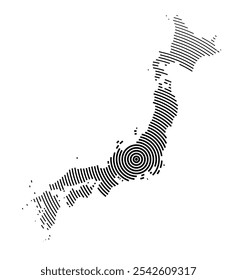 Abstract map of Japan showing the country with concentric black tapering lines