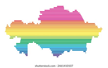 Abstract map of Kazakhstan showing the area of the country with horizontal parallel lines in rainbow colors