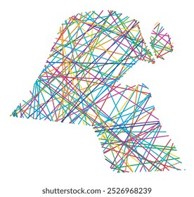 Abstrakte Karte von Kuwait zeigt das Land mit zufälligen, sich kreuzenden farbigen Linien wie ein Spinnennetz