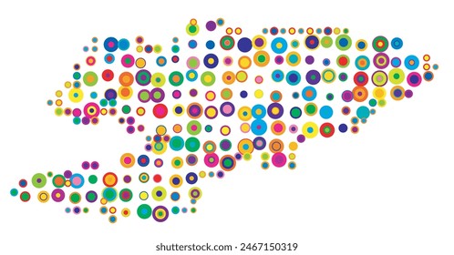 Abstract map of Kyrgyzstan drawn with overlapping colored circles like sweets or candies