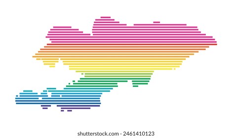 Abstract map of Kyrgyzstan showing the area of the country with horizontal parallel lines in rainbow colors