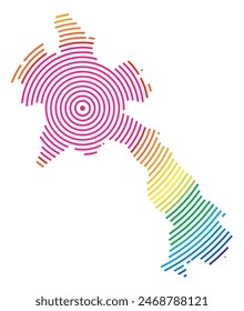 Abstrakte Landkarte von Laos, die die Gegend des Landes mit konzentrischen Ringen in Regenbogenfarben wie ein Schießziel zeigt.