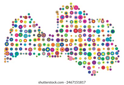 Abstract map of Latvia drawn with overlapping colored circles like sweets or candies