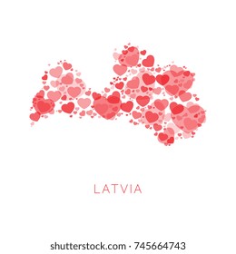 abstract map of latvia filled with red hearts of different sizes and degrees of transparency