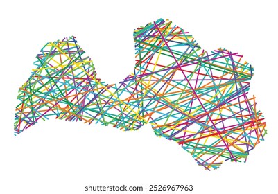 Abstract map of Latvia showing the country with random crossing colored lines like a spider web