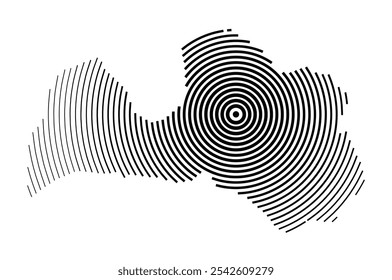 Abstract map of Latvia showing the country with concentric black tapering lines