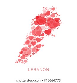 abstract map of lebanon filled with red hearts of different sizes and degrees of transparency