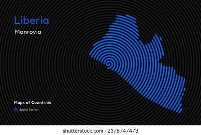 Abstract Map of Liberia in a Circle Spiral Pattern with a Capital of Monrovia. African Set.