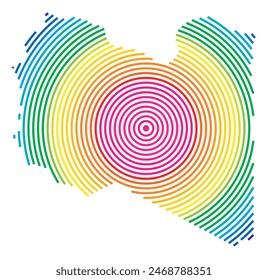 Abstrakte libysche Landkarte, die das Gebiet des Landes mit konzentrischen Regenbogenfarben wie ein Schießziel zeigt.