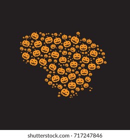 abstract map of lithuania filled with orange halloween pumpkins heads on a black background