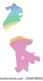 Abstrakte Landkarte von Macau, die die Gegend des Landes mit konzentrischen Ringen in Regenbogenfarben wie ein Schießziel zeigt.