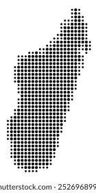 Mapa abstrato de Madagáscar mostrando a área do país com um padrão de círculos negros
