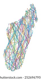 Abstract map of Madagascar showing the country with random crossing colored lines like a spider web