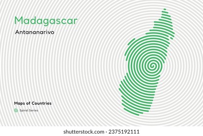 Abstract map of Madagascar with spiral lines.