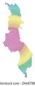 Abstract map of Malawi showing the area ot the country with concentric rings in rainbow colors like a shooting target.