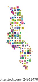 Abstract map of Malawi. Abstract map showing the country with a pattern of overlapping colorful squares like candies