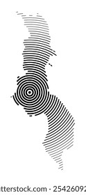 Abstract map of Malawi showing the country with concentric black tapering lines