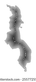 Abstract map of Malawi showing the country border buffered inside with black tapering lines